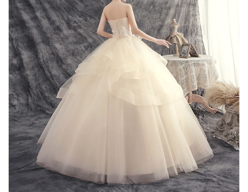 Strapless Flower Accent Wedding Ball Gown