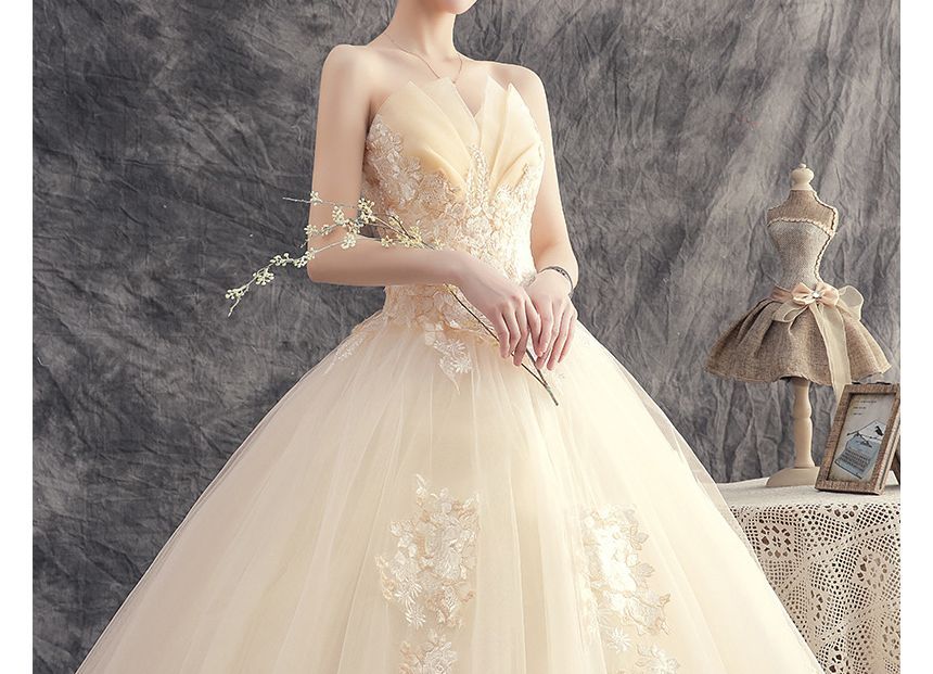 Strapless Flower Accent Wedding Ball Gown
