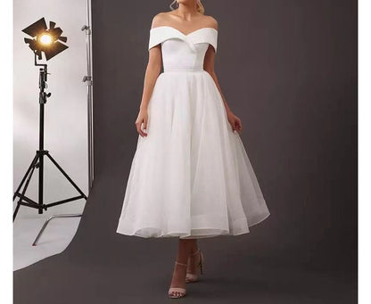 Off-Shoulder Plain Midi A-Line Wedding Dress