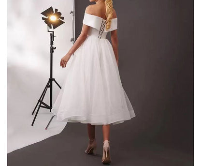 Off-Shoulder Plain Midi A-Line Wedding Dress