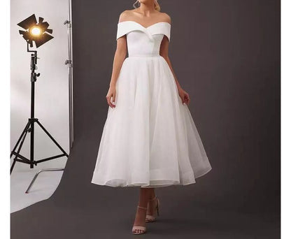 Off-Shoulder Plain Midi A-Line Wedding Dress