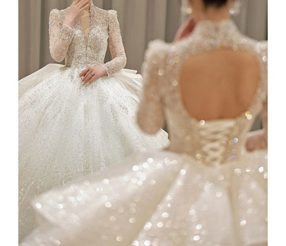 Long-Sleeve Sequin Open Back Wedding Ball Gown