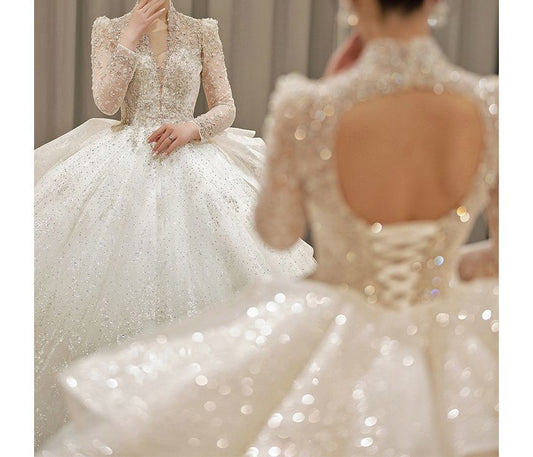 Long-Sleeve Sequin Open Back Wedding Ball Gown