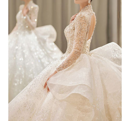Long-Sleeve Sequin Open Back Wedding Ball Gown