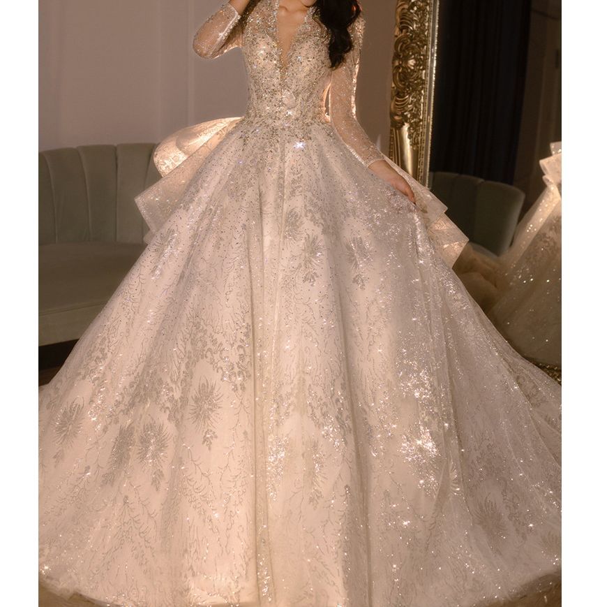 Long-Sleeve Sequin Open Back Wedding Ball Gown