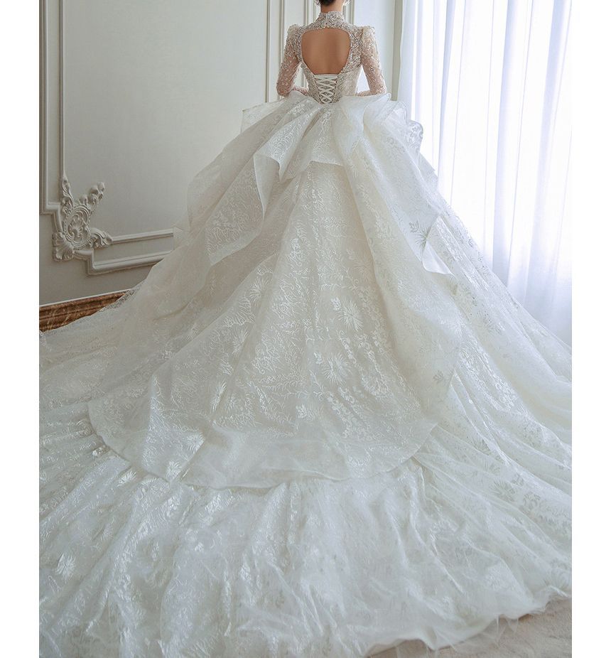 Long-Sleeve Sequin Open Back Wedding Ball Gown