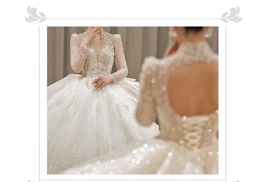Long-Sleeve Sequin Open Back Wedding Ball Gown