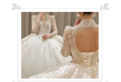 Long-Sleeve Sequin Open Back Wedding Ball Gown