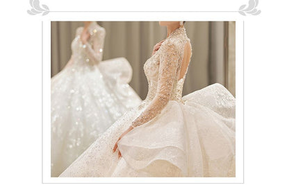 Long-Sleeve Sequin Open Back Wedding Ball Gown