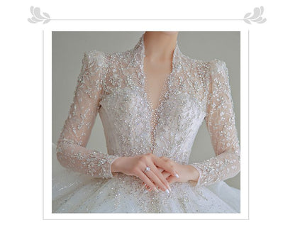 Long-Sleeve Sequin Open Back Wedding Ball Gown