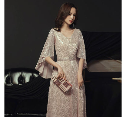 Elbow-Sleeve V-Neck Sequined Belted A-Line Evening Gown