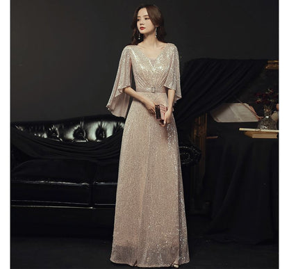 Elbow-Sleeve V-Neck Sequined Belted A-Line Evening Gown
