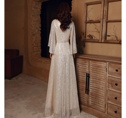 Elbow-Sleeve V-Neck Sequined Belted A-Line Evening Gown