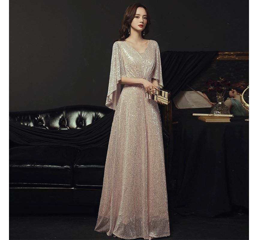 Elbow-Sleeve V-Neck Sequined Belted A-Line Evening Gown