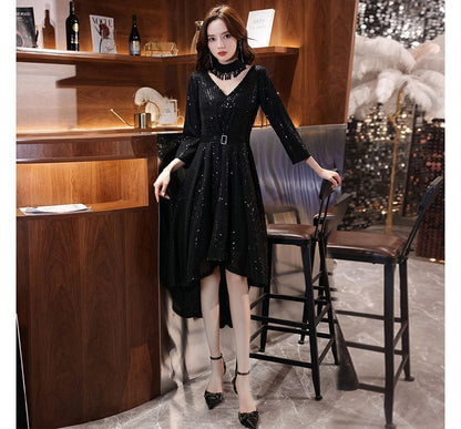 Elbow-Sleeve V-Neck Sequined Belted A-Line Evening Gown