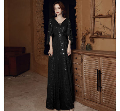 Elbow-Sleeve V-Neck Sequined Belted A-Line Evening Gown