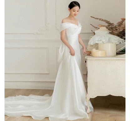 Off-Shoulder Shirred Bow-Back A-Line Wedding Gown