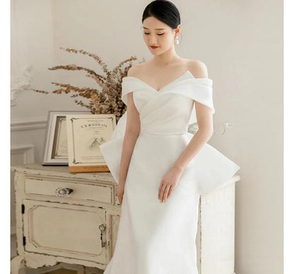 Off-Shoulder Shirred Bow-Back A-Line Wedding Gown