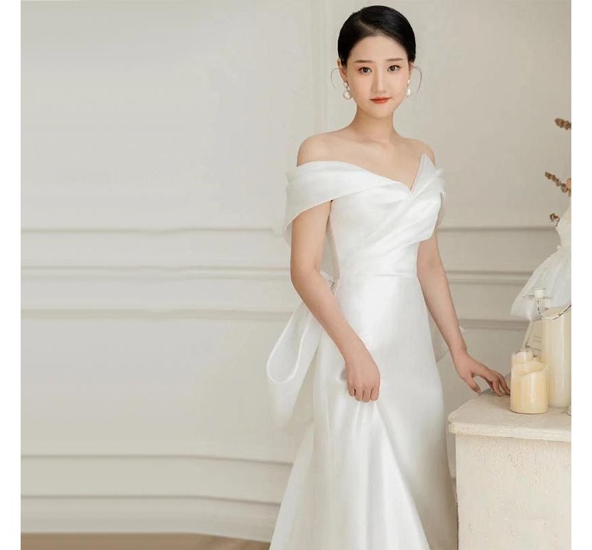 Off-Shoulder Shirred Bow-Back A-Line Wedding Gown
