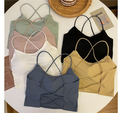 Plain Criss Cross Padded Crop Camisole Top