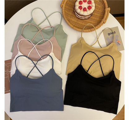 Plain Criss Cross Padded Crop Camisole Top