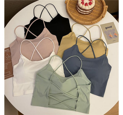 Plain Criss Cross Padded Crop Camisole Top