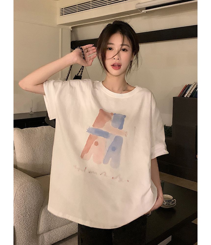 Elbow-Sleeve Crew Neck Illustration Print T-Shirt
