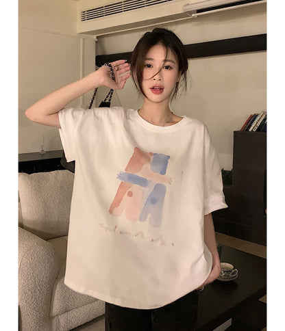 Elbow-Sleeve Crew Neck Illustration Print T-Shirt