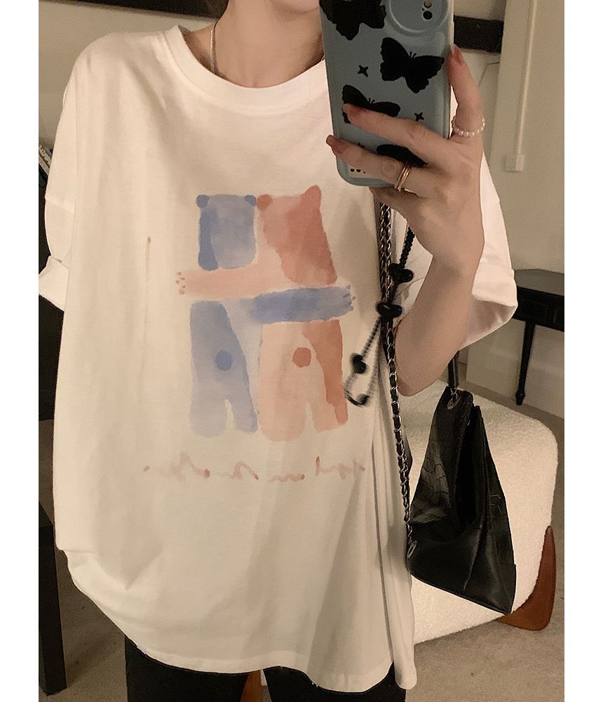 Elbow-Sleeve Crew Neck Illustration Print T-Shirt