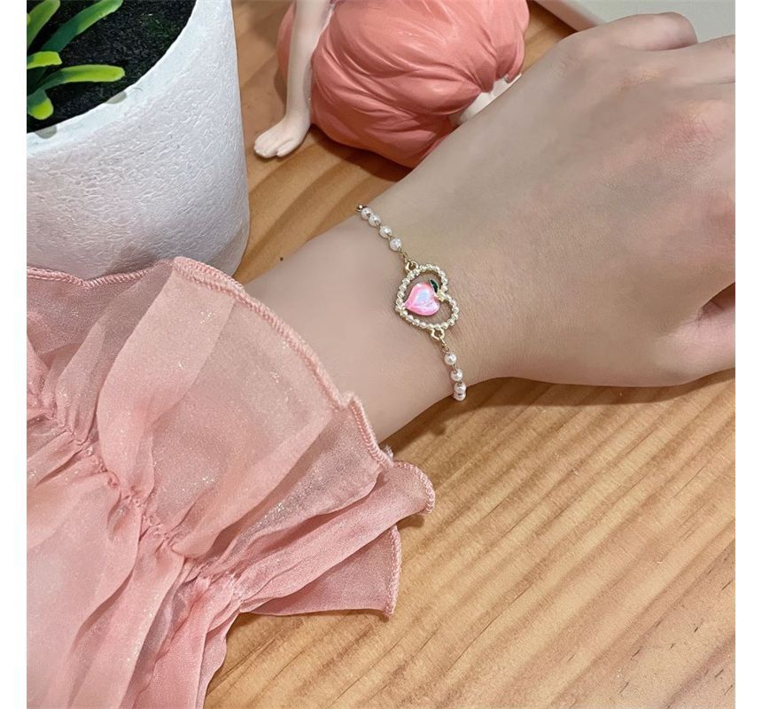 Faux Peach Heart Bracelet Pearl