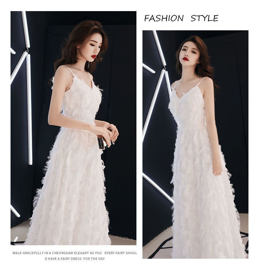 Spaghetti Strap Plain Fringed Trim A-Line Evening Dress