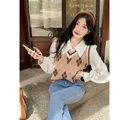 Puff-Sleeve Plain Shirt / V-Neck Argyle Sweater Vest