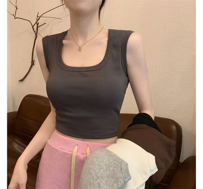 Square Neck Plain Crop Tank Top
