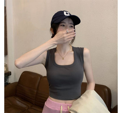 Square Neck Plain Crop Tank Top
