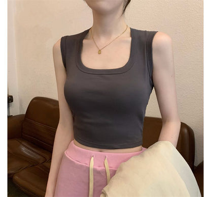Square Neck Plain Crop Tank Top