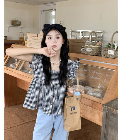 Sleeveless Gingham Ruffle Blouse