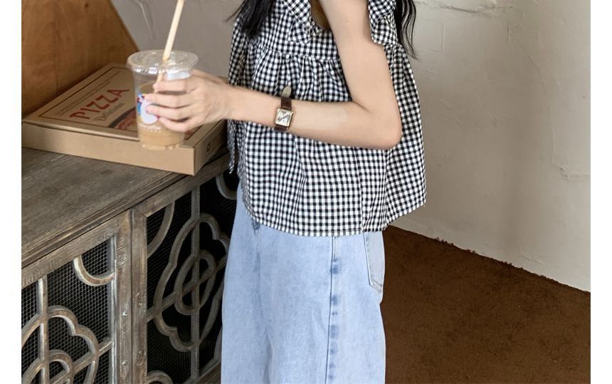 Sleeveless Gingham Ruffle Blouse