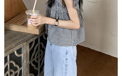 Sleeveless Gingham Ruffle Blouse