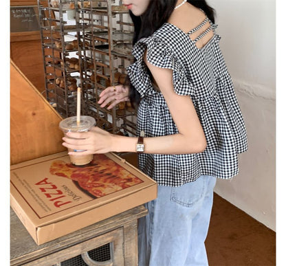 Sleeveless Gingham Ruffle Blouse