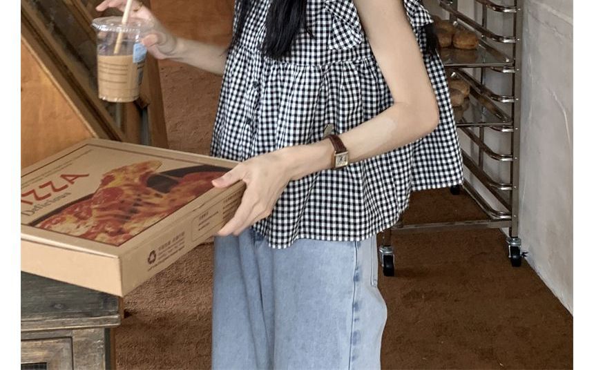 Sleeveless Gingham Ruffle Blouse