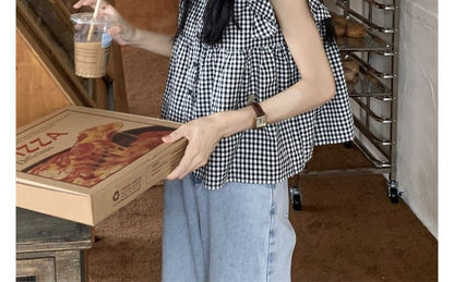 Sleeveless Gingham Ruffle Blouse