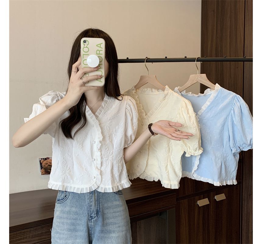 Short-Sleeve V-Neck Frill Jacquard Blouse