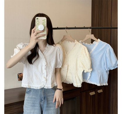 Short-Sleeve V-Neck Frill Jacquard Blouse