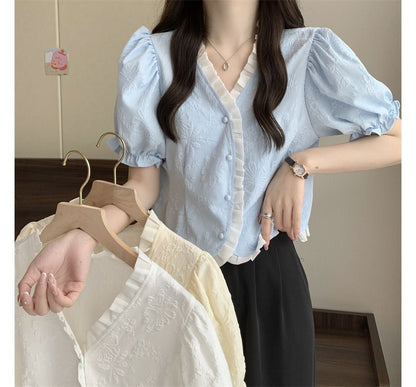 Short-Sleeve V-Neck Frill Jacquard Blouse