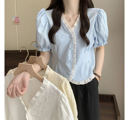 Short-Sleeve V-Neck Frill Jacquard Blouse