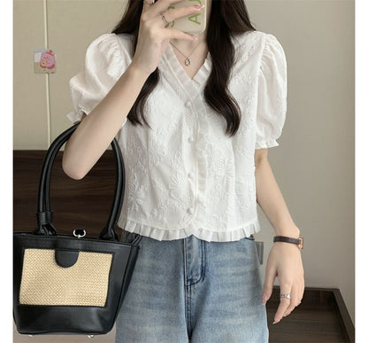 Short-Sleeve V-Neck Frill Jacquard Blouse