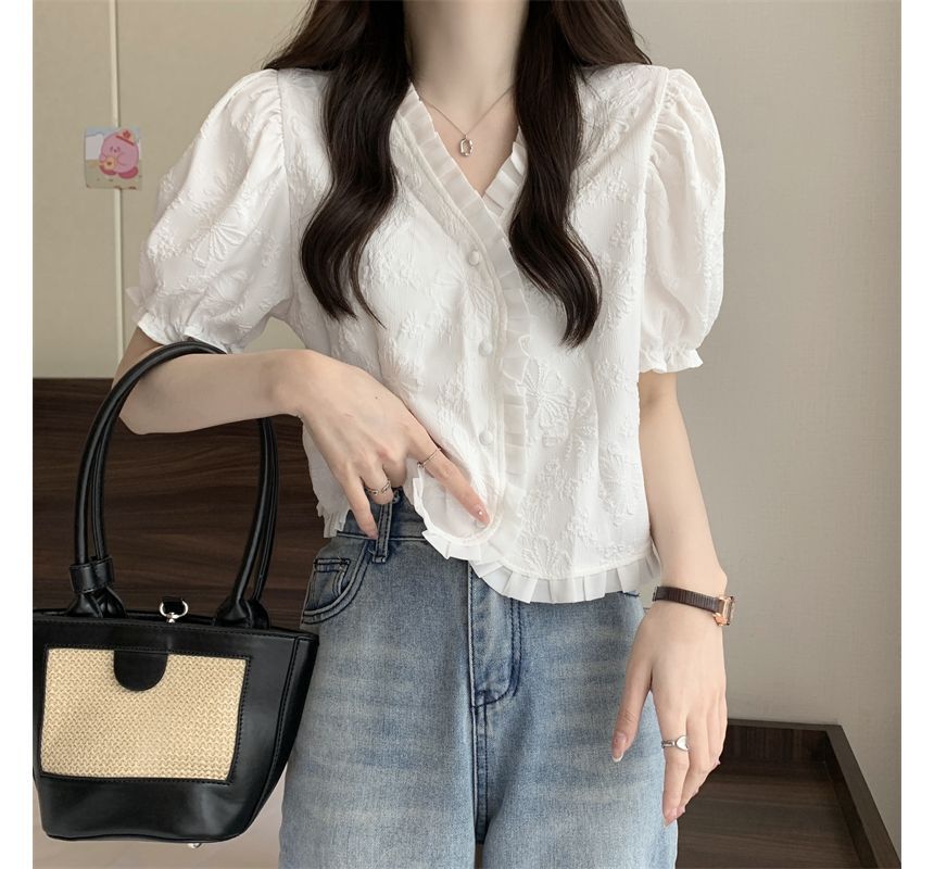 Short-Sleeve V-Neck Frill Jacquard Blouse
