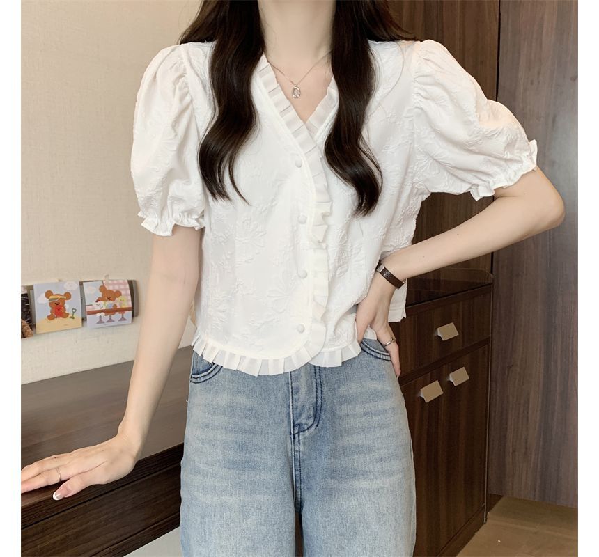 Short-Sleeve V-Neck Frill Jacquard Blouse