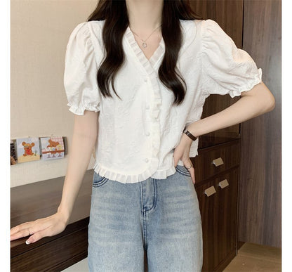Short-Sleeve V-Neck Frill Jacquard Blouse