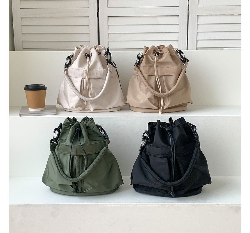 Multi-Pocket Drawstring Nylon Bucket Bag